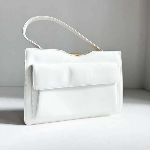 Vintage White Faux  Leather rectengular Top Handle Bag - Picture 1 of 7